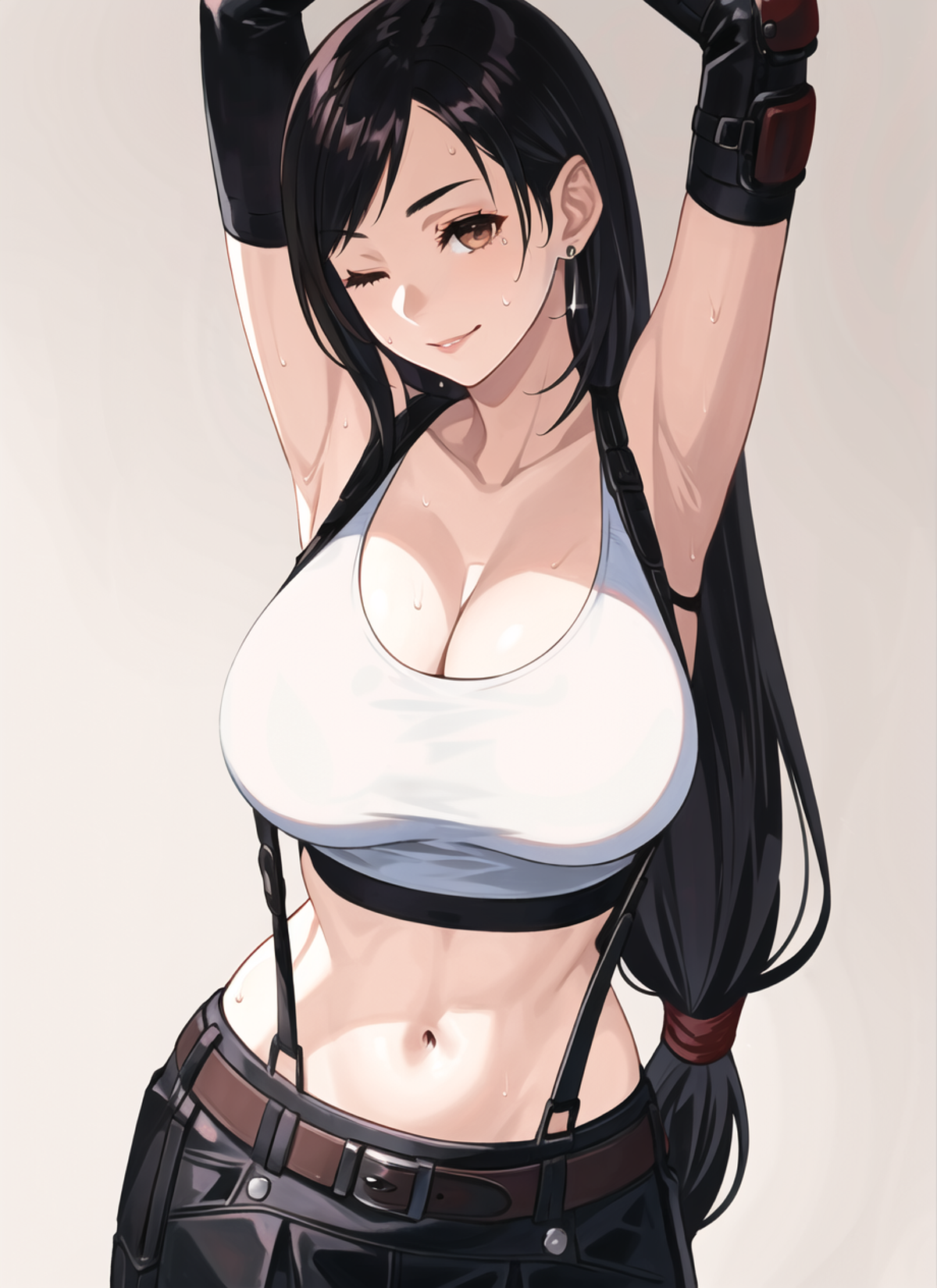 fubuki \(fakemonkey0224\), tifa lockhart, 1girl, arm up, armpits, artist name, belt, black hair, breasts, brown eyes, clea...